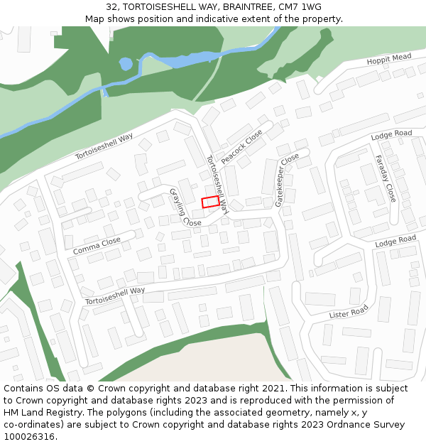 32, TORTOISESHELL WAY, BRAINTREE, CM7 1WG: Location map and indicative extent of plot