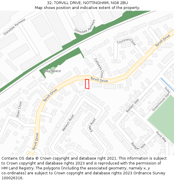 32, TORVILL DRIVE, NOTTINGHAM, NG8 2BU: Location map and indicative extent of plot