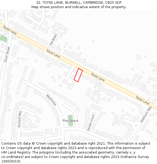 32, TOYSE LANE, BURWELL, CAMBRIDGE, CB25 0DF: Location map and indicative extent of plot