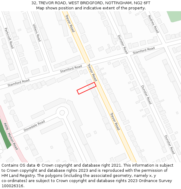 32, TREVOR ROAD, WEST BRIDGFORD, NOTTINGHAM, NG2 6FT: Location map and indicative extent of plot