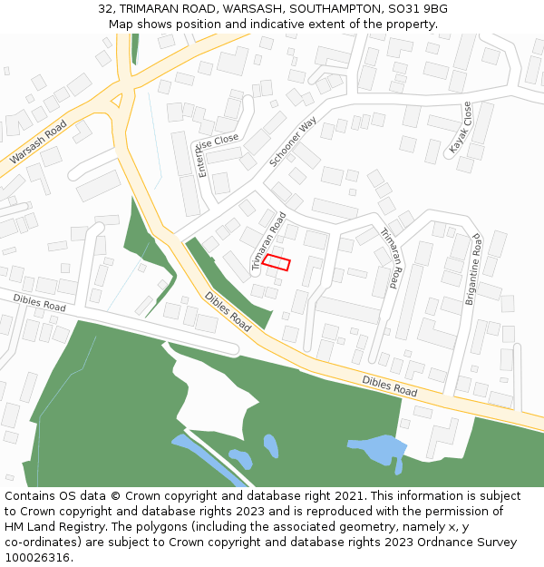 32, TRIMARAN ROAD, WARSASH, SOUTHAMPTON, SO31 9BG: Location map and indicative extent of plot