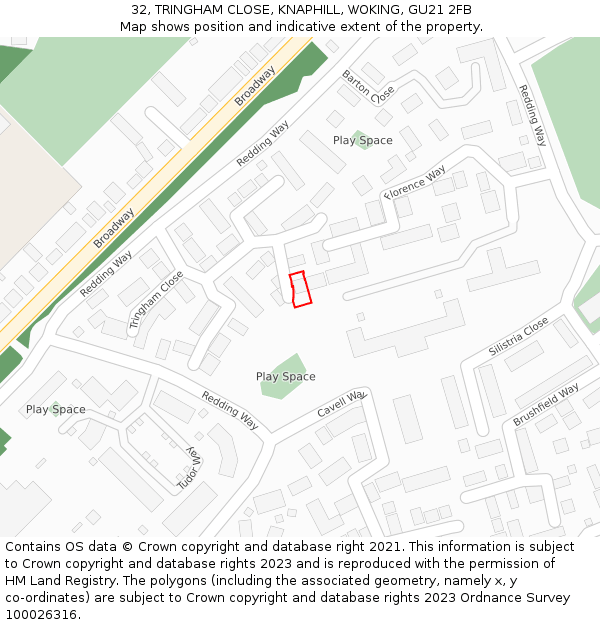 32, TRINGHAM CLOSE, KNAPHILL, WOKING, GU21 2FB: Location map and indicative extent of plot