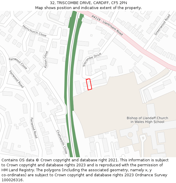 32, TRISCOMBE DRIVE, CARDIFF, CF5 2PN: Location map and indicative extent of plot