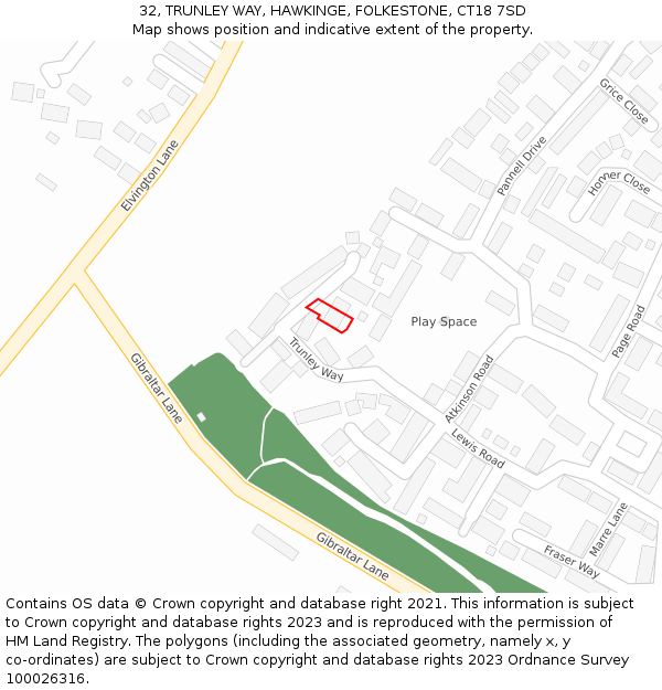 32, TRUNLEY WAY, HAWKINGE, FOLKESTONE, CT18 7SD: Location map and indicative extent of plot