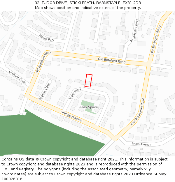 32, TUDOR DRIVE, STICKLEPATH, BARNSTAPLE, EX31 2DR: Location map and indicative extent of plot