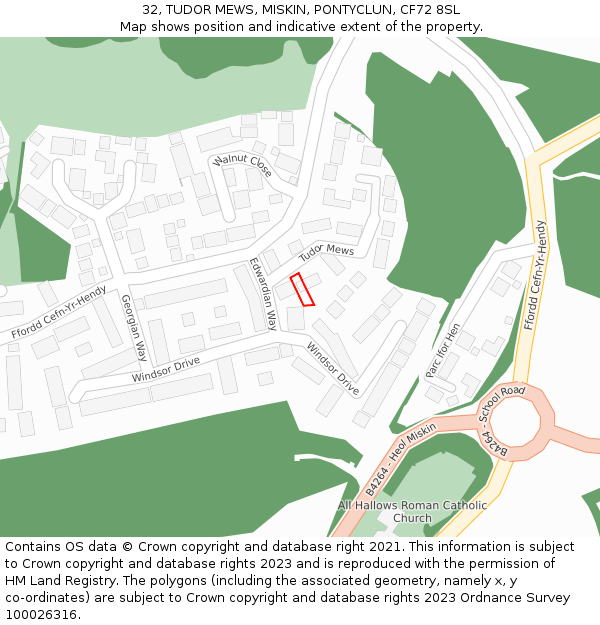 32, TUDOR MEWS, MISKIN, PONTYCLUN, CF72 8SL: Location map and indicative extent of plot