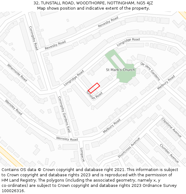 32, TUNSTALL ROAD, WOODTHORPE, NOTTINGHAM, NG5 4JZ: Location map and indicative extent of plot