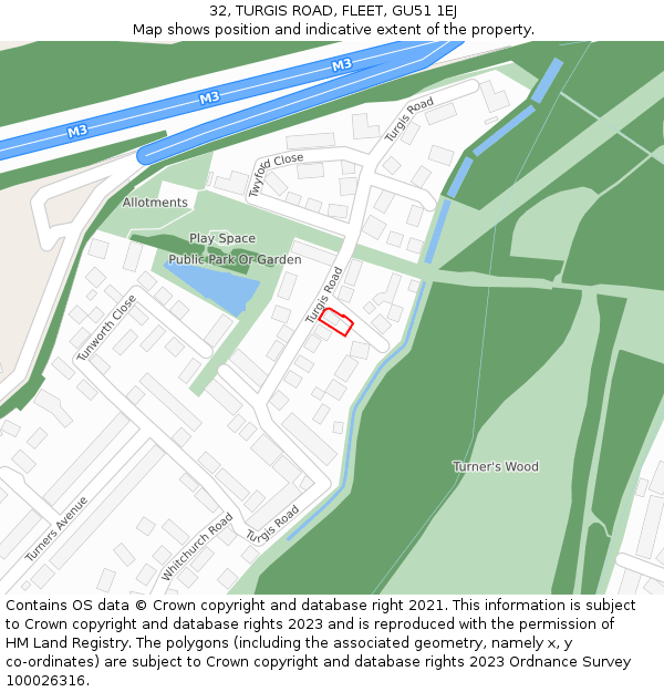 32, TURGIS ROAD, FLEET, GU51 1EJ: Location map and indicative extent of plot