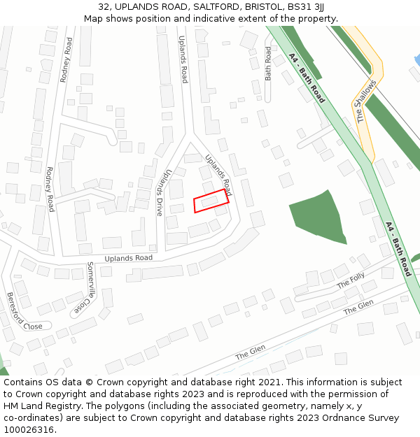 32, UPLANDS ROAD, SALTFORD, BRISTOL, BS31 3JJ: Location map and indicative extent of plot