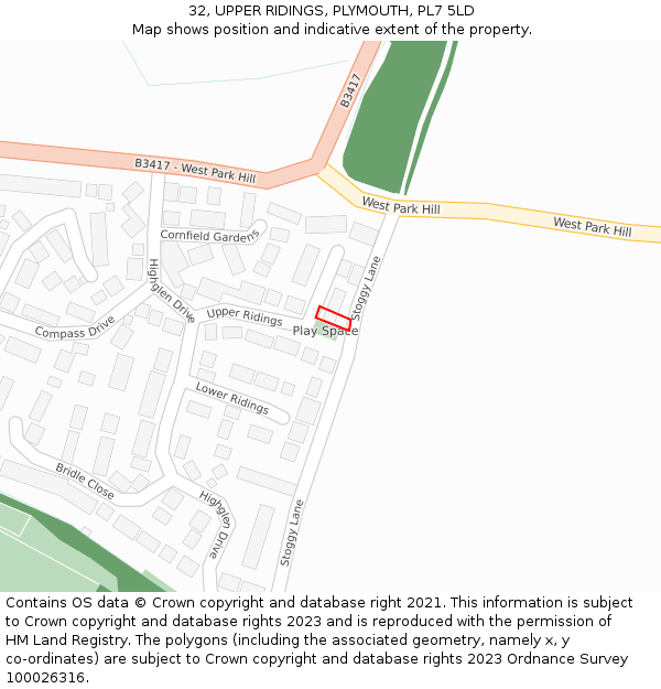 32, UPPER RIDINGS, PLYMOUTH, PL7 5LD: Location map and indicative extent of plot