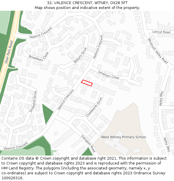 32, VALENCE CRESCENT, WITNEY, OX28 5FT: Location map and indicative extent of plot