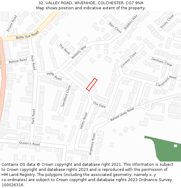 32, VALLEY ROAD, WIVENHOE, COLCHESTER, CO7 9NA: Location map and indicative extent of plot