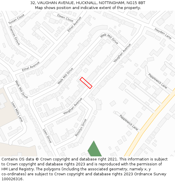 32, VAUGHAN AVENUE, HUCKNALL, NOTTINGHAM, NG15 8BT: Location map and indicative extent of plot