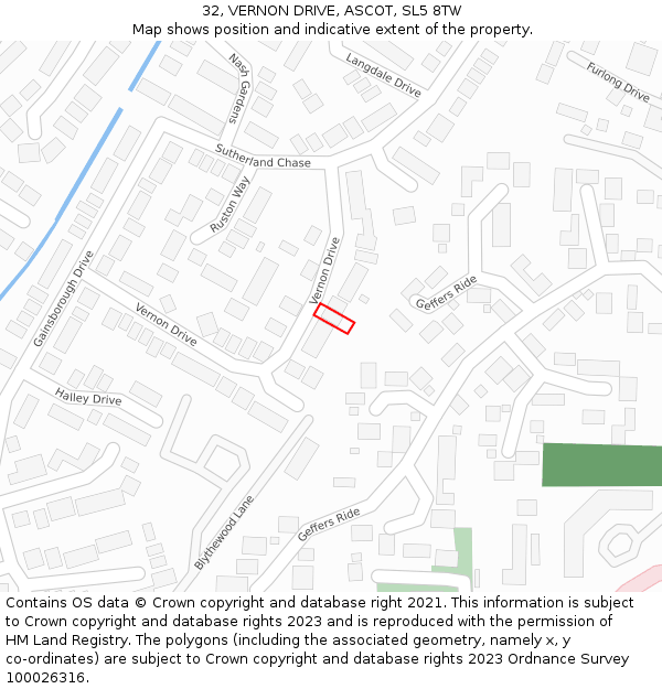 32, VERNON DRIVE, ASCOT, SL5 8TW: Location map and indicative extent of plot