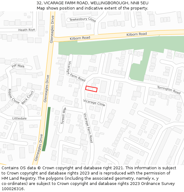 32, VICARAGE FARM ROAD, WELLINGBOROUGH, NN8 5EU: Location map and indicative extent of plot