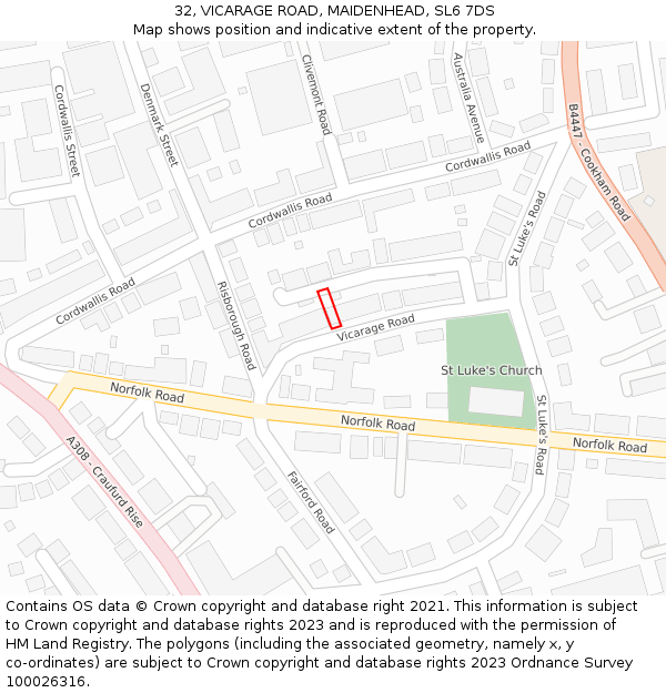 32, VICARAGE ROAD, MAIDENHEAD, SL6 7DS: Location map and indicative extent of plot