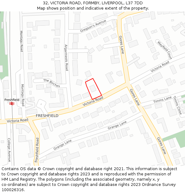 32, VICTORIA ROAD, FORMBY, LIVERPOOL, L37 7DD: Location map and indicative extent of plot