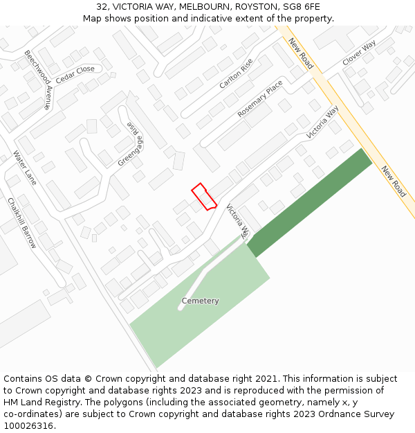 32, VICTORIA WAY, MELBOURN, ROYSTON, SG8 6FE: Location map and indicative extent of plot