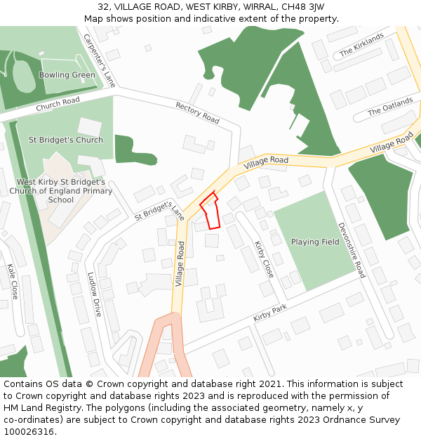 32, VILLAGE ROAD, WEST KIRBY, WIRRAL, CH48 3JW: Location map and indicative extent of plot