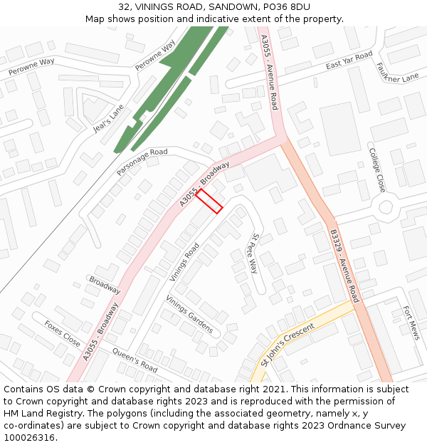 32, VININGS ROAD, SANDOWN, PO36 8DU: Location map and indicative extent of plot