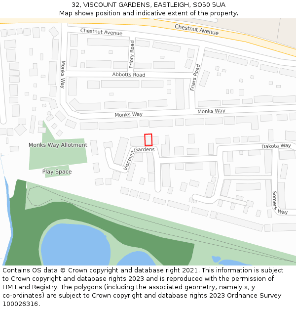 32, VISCOUNT GARDENS, EASTLEIGH, SO50 5UA: Location map and indicative extent of plot