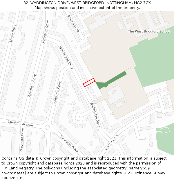 32, WADDINGTON DRIVE, WEST BRIDGFORD, NOTTINGHAM, NG2 7GX: Location map and indicative extent of plot