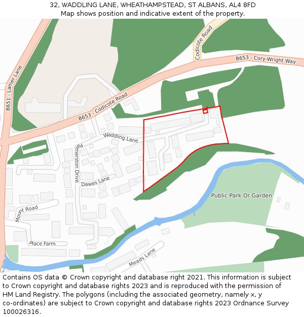 32, WADDLING LANE, WHEATHAMPSTEAD, ST ALBANS, AL4 8FD: Location map and indicative extent of plot