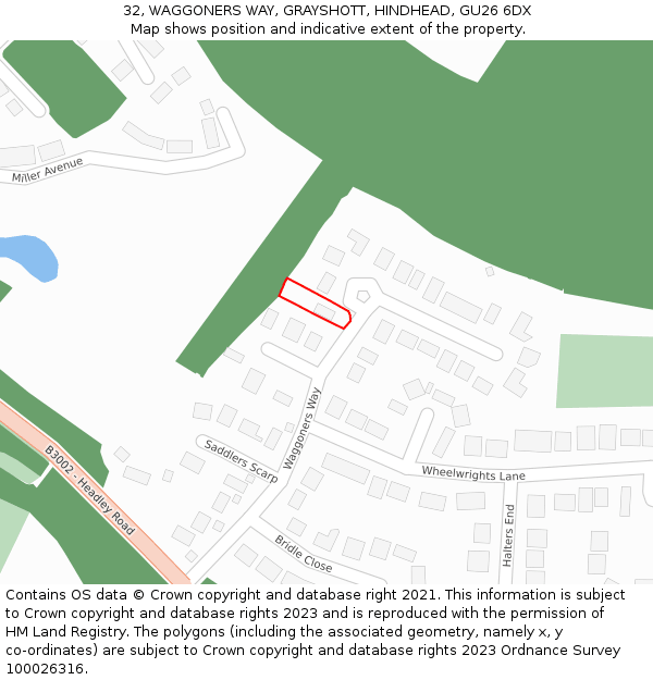 32, WAGGONERS WAY, GRAYSHOTT, HINDHEAD, GU26 6DX: Location map and indicative extent of plot
