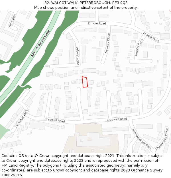 32, WALCOT WALK, PETERBOROUGH, PE3 9QF: Location map and indicative extent of plot