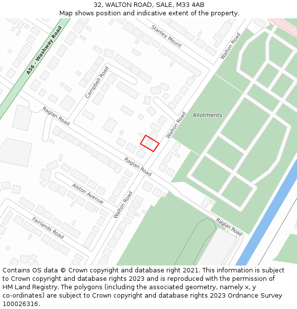 32, WALTON ROAD, SALE, M33 4AB: Location map and indicative extent of plot