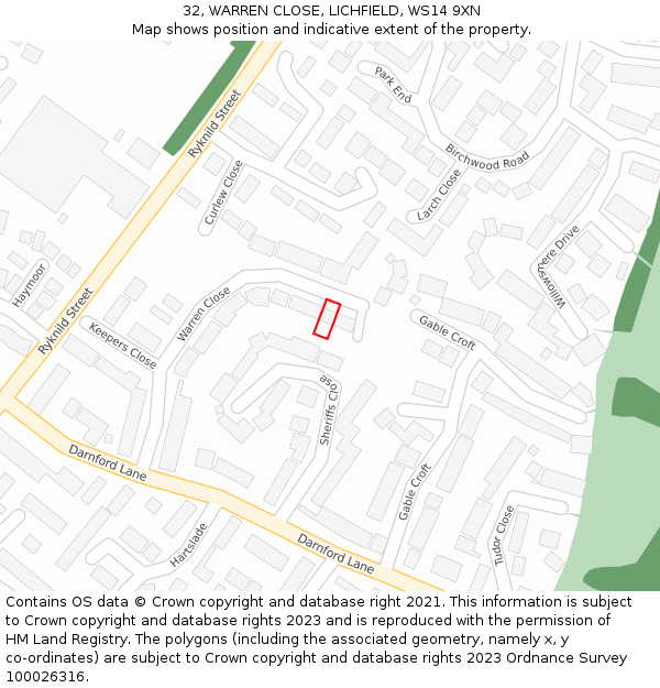 32, WARREN CLOSE, LICHFIELD, WS14 9XN: Location map and indicative extent of plot