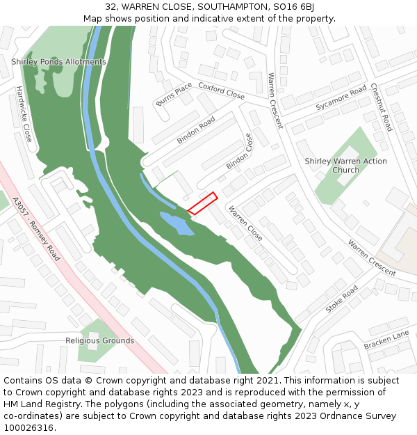 32, WARREN CLOSE, SOUTHAMPTON, SO16 6BJ: Location map and indicative extent of plot