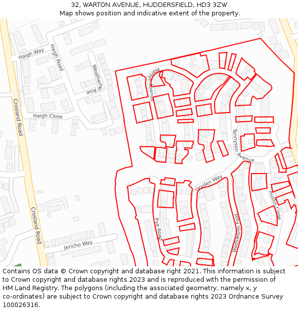 32, WARTON AVENUE, HUDDERSFIELD, HD3 3ZW: Location map and indicative extent of plot