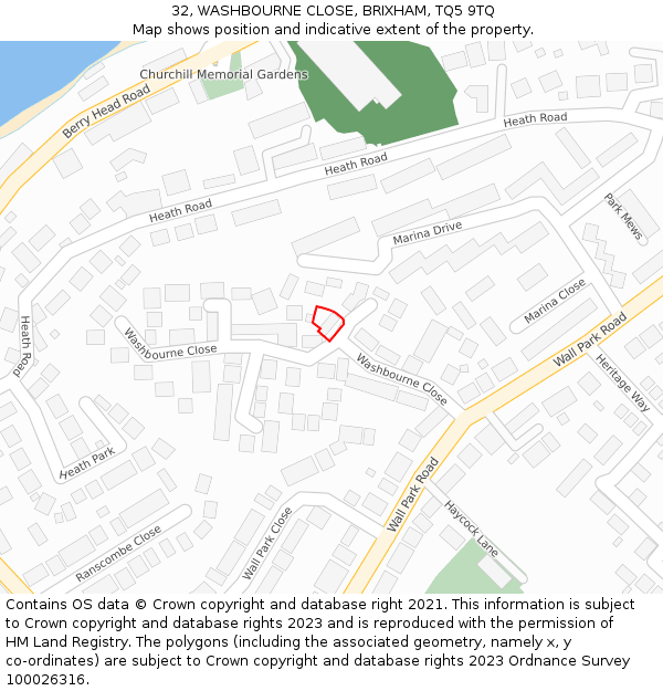 32, WASHBOURNE CLOSE, BRIXHAM, TQ5 9TQ: Location map and indicative extent of plot