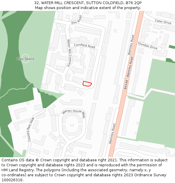 32, WATER MILL CRESCENT, SUTTON COLDFIELD, B76 2QP: Location map and indicative extent of plot