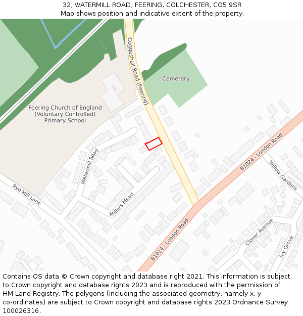 32, WATERMILL ROAD, FEERING, COLCHESTER, CO5 9SR: Location map and indicative extent of plot