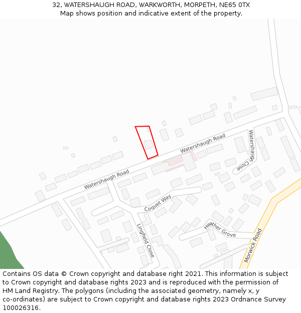 32, WATERSHAUGH ROAD, WARKWORTH, MORPETH, NE65 0TX: Location map and indicative extent of plot