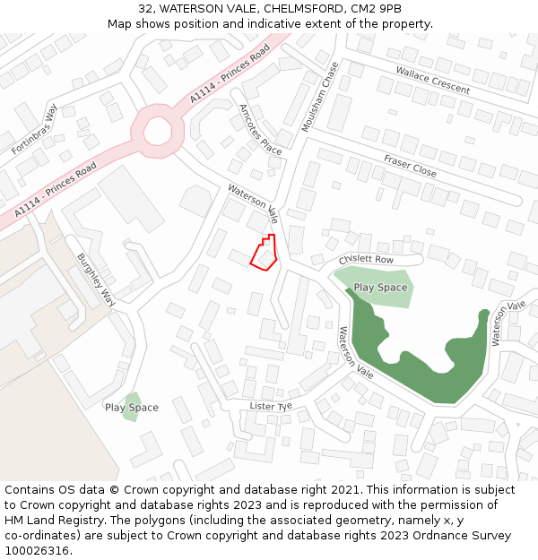 32, WATERSON VALE, CHELMSFORD, CM2 9PB: Location map and indicative extent of plot