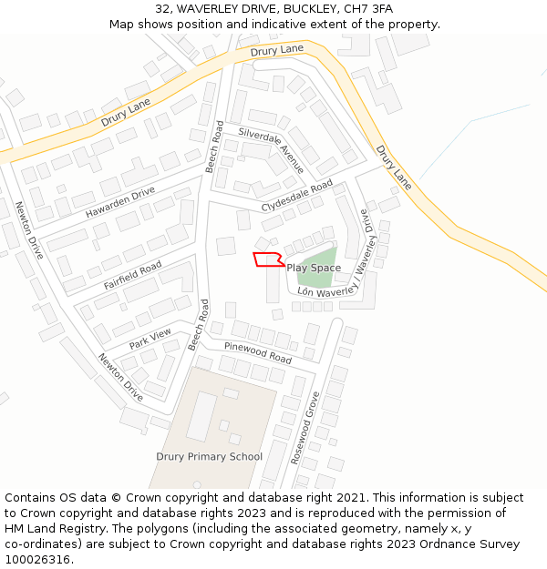 32, WAVERLEY DRIVE, BUCKLEY, CH7 3FA: Location map and indicative extent of plot