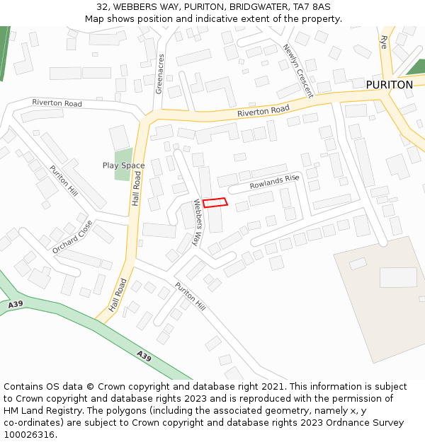 32, WEBBERS WAY, PURITON, BRIDGWATER, TA7 8AS: Location map and indicative extent of plot