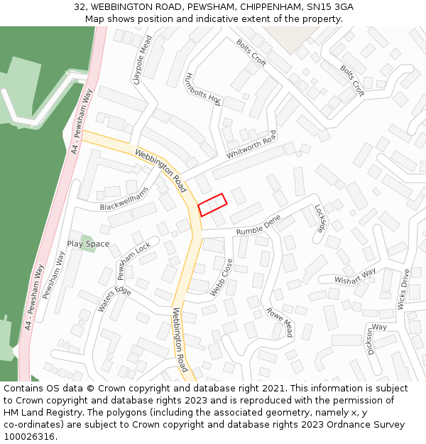 32, WEBBINGTON ROAD, PEWSHAM, CHIPPENHAM, SN15 3GA: Location map and indicative extent of plot