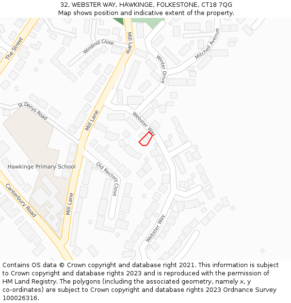 32, WEBSTER WAY, HAWKINGE, FOLKESTONE, CT18 7QG: Location map and indicative extent of plot