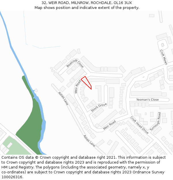 32, WEIR ROAD, MILNROW, ROCHDALE, OL16 3UX: Location map and indicative extent of plot