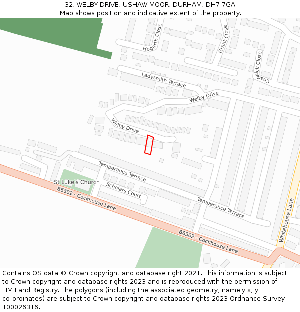 32, WELBY DRIVE, USHAW MOOR, DURHAM, DH7 7GA: Location map and indicative extent of plot