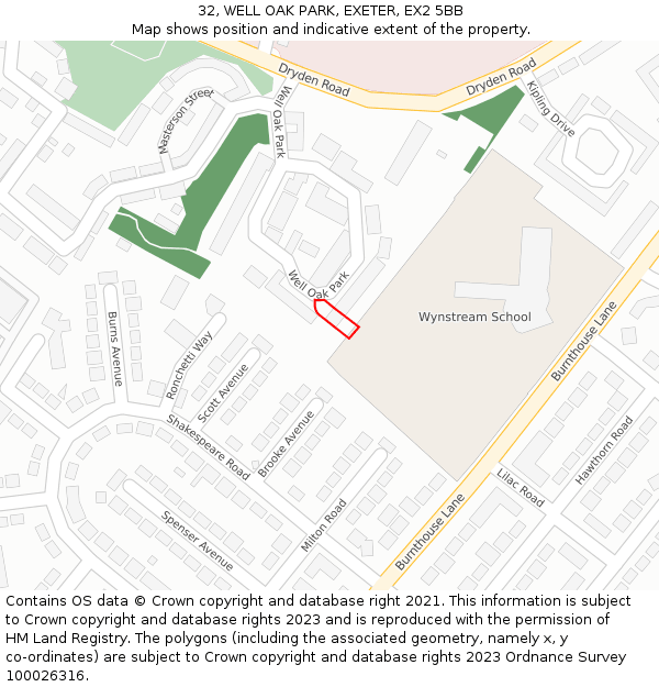 32, WELL OAK PARK, EXETER, EX2 5BB: Location map and indicative extent of plot