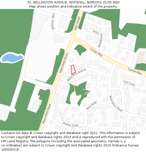 32, WELLINGTON AVENUE, WHITEHILL, BORDON, GU35 9QD: Location map and indicative extent of plot