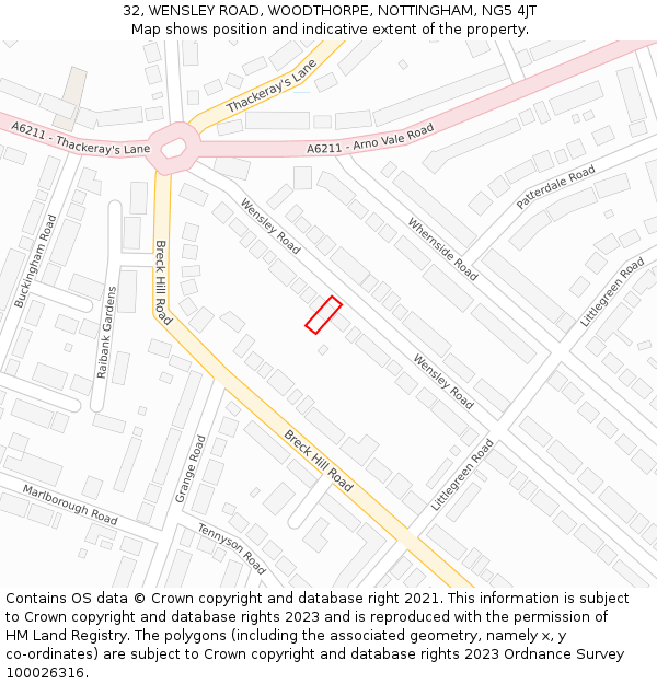 32, WENSLEY ROAD, WOODTHORPE, NOTTINGHAM, NG5 4JT: Location map and indicative extent of plot