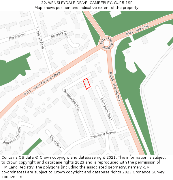 32, WENSLEYDALE DRIVE, CAMBERLEY, GU15 1SP: Location map and indicative extent of plot