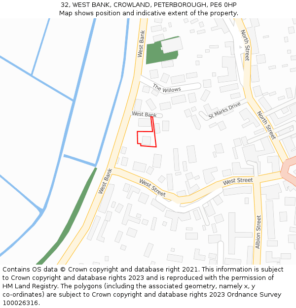 32, WEST BANK, CROWLAND, PETERBOROUGH, PE6 0HP: Location map and indicative extent of plot