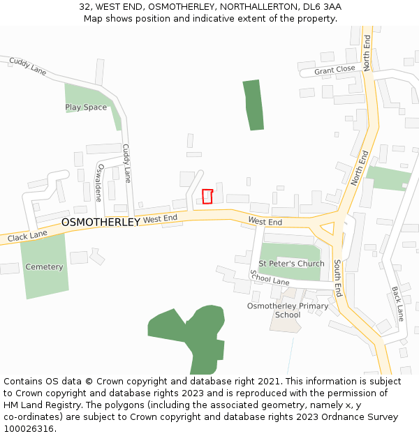 32, WEST END, OSMOTHERLEY, NORTHALLERTON, DL6 3AA: Location map and indicative extent of plot